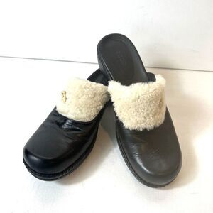 ECCO Women's Black Leather Comfort Mules Clogs Heels Size EU 38 US 7.5 Faux Fur